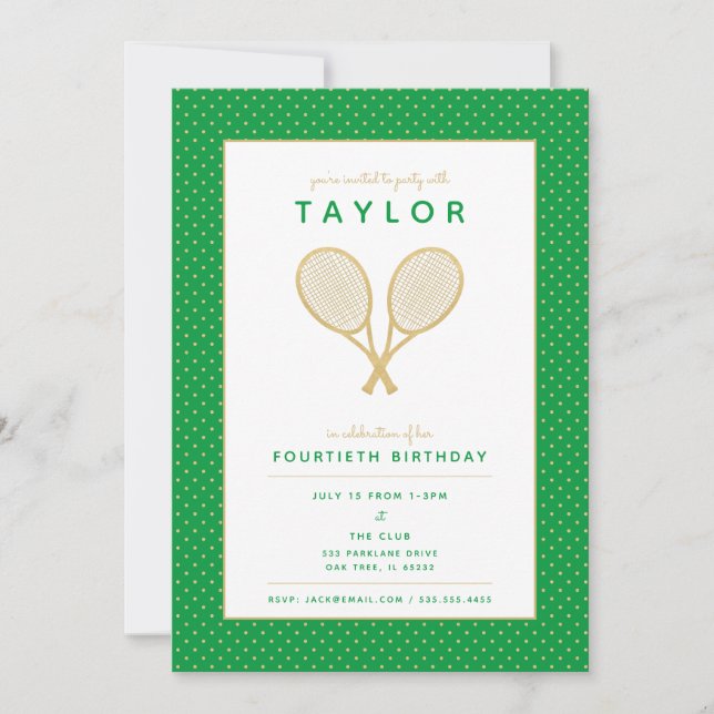 Tennis Star Chic Gold and Green Party Invitation (Front)