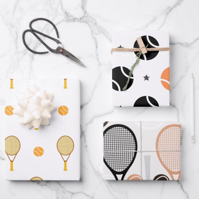 Tennis Star Orange & Black Racket Ball Patterns    Wrapping Paper Sheets (Front)
