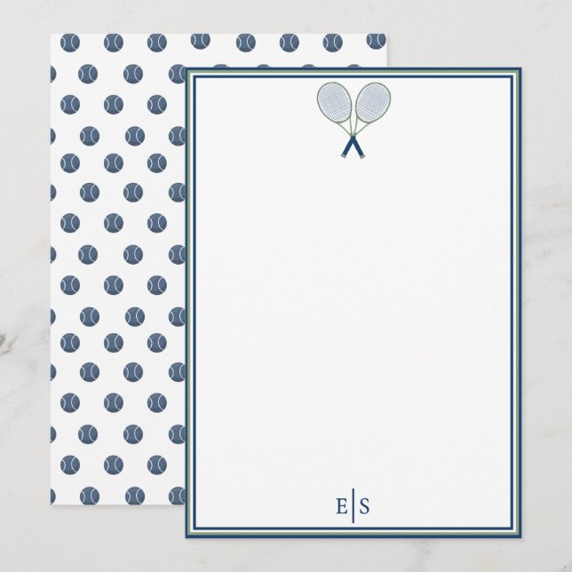 Tennis Stationery Racquet Polka Dot Monogram Blue Note Card (Front/Back)