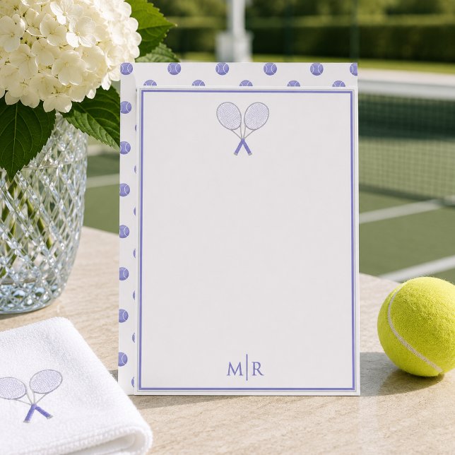 Tennis Stationery Racquet Polka Dot Monogram Blue Note Card (Creator Uploaded)