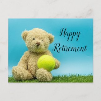 Tennis Teddy bear is holding ball retirement Card