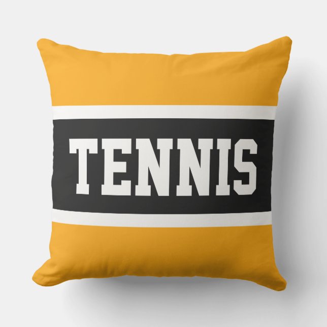 TENNIS Text Athletic Bright Orange Black Stripes Outdoor Pillow (Front)