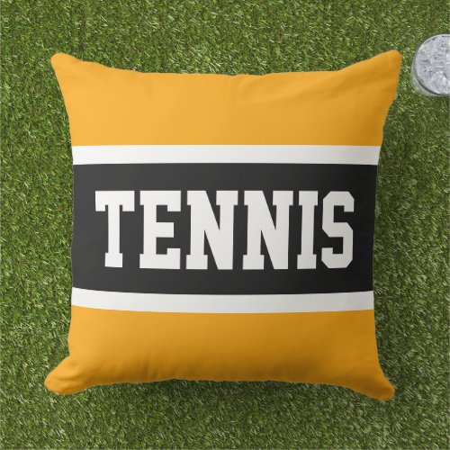 TENNIS Text Athletic Bright Yellow Black Stripes Outdoor Pillow