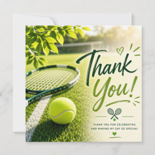 Tennis thank you card racket and ball on the court