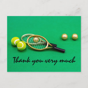 Tennis thank you card with ball racket on green