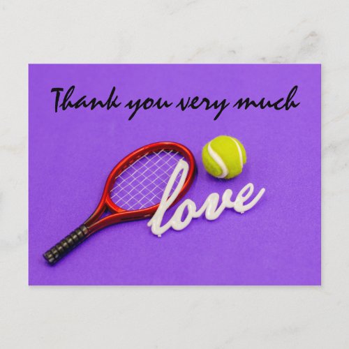 Tennis thank you card with ball  racket on purple