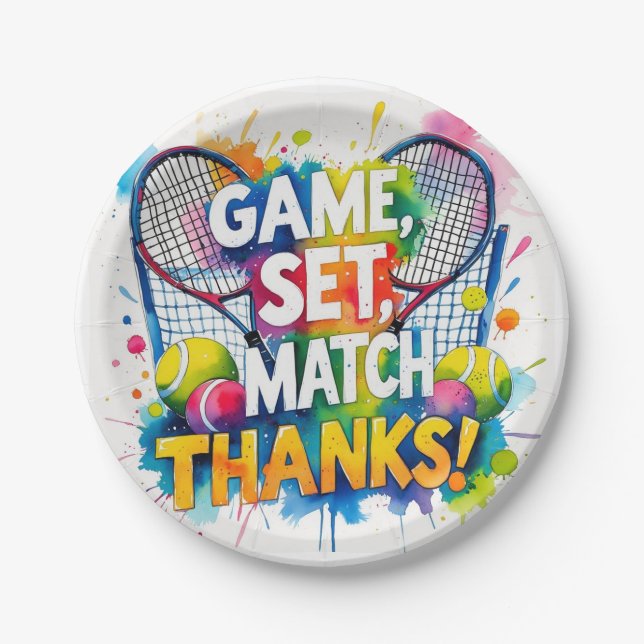 Tennis Thank you party with racket and ball  Paper Plates (Front)