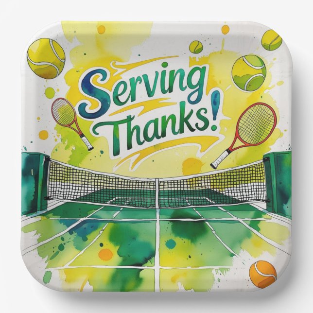 Tennis Thank you party with racket and ball  Paper Plates (Front)