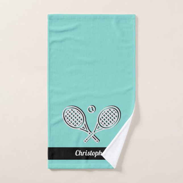 Tennis Theme Blue Monogrammed Name Tennis Ball Hand Towel (Hand Towel)