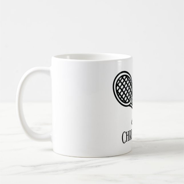 Tennis Theme Monogrammed Name Coffee Mug (Left)