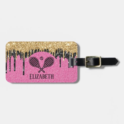 Tennis Theme Pink Glitter Sparkle Monogrammed Name Luggage Tag