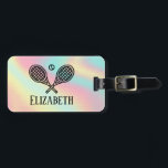 Tennis Theme Pink Modern Retro Monogrammed Name Luggage Tag<br><div class="desc">Cute and stylish faux pink holographic to brighten up your day. Single tennis players and doubles teams will love this tennis themed designed. Modern logo icon style design with two rackets and a ball. Add your name to create a customized design. The perfect identification tag for your tennis gear bag,...</div>
