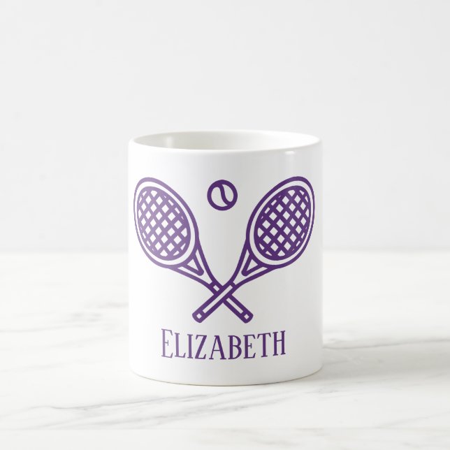 Tennis Theme Purple Monogrammed Name Coffee Mug (Center)