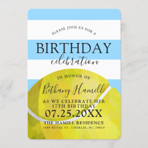 Tennis Themed Birthday Party Blue Invite