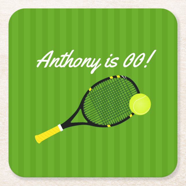 Tennis themed Birthday Party personalized Square Paper Coaster (Front)