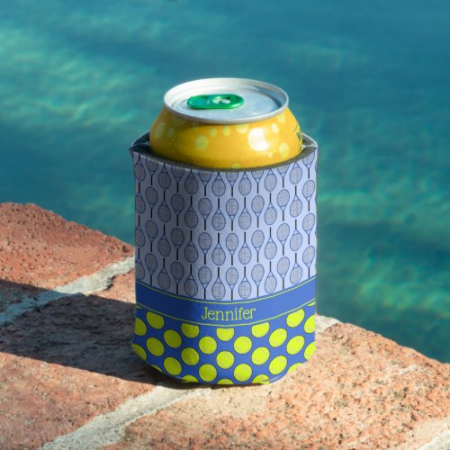 Tennis themed pattern custom name blue can cooler