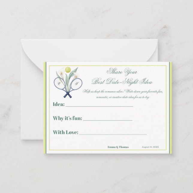 Tennis Themed Tenniscore Romantic Date-Night Idea  Note Card (Front)