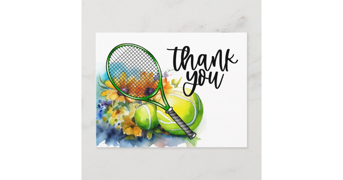 Tennis themed with racket and ball watercolor postcard | Zazzle