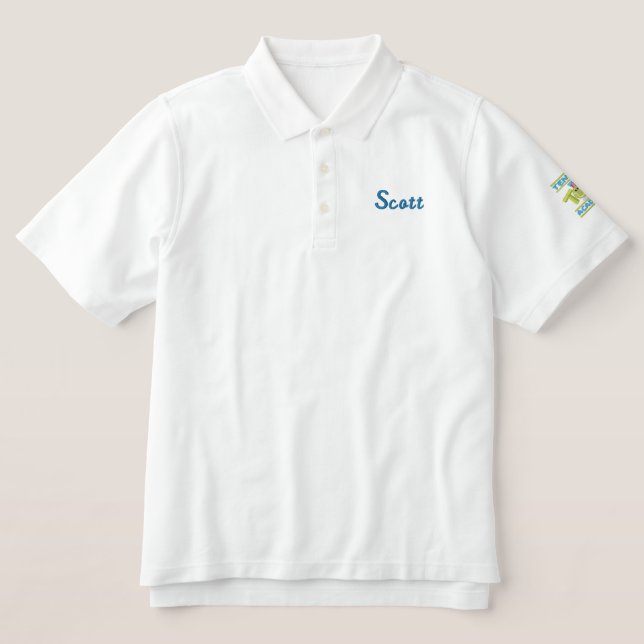 Tennis Tots Academy name+stacked logo on sleeve Embroidered Polo Shirt (Design Front)