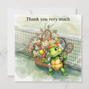 Tennis TURTLE player with flower basket on court Thank You Card