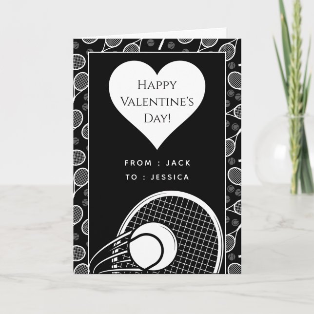 Tennis Valentine's Day Black & White Personalized Holiday Card (Front)