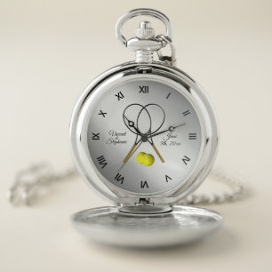 Tennis Wedding Name & Date w Roman Numerals Silver Pocket Watch