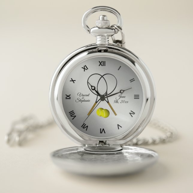 Tennis Wedding Name & Date w Roman Numerals Silver Pocket Watch (Inside)