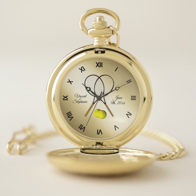Tennis Wedding Name & Date with Roman Numerals Pocket Watch (Inside)