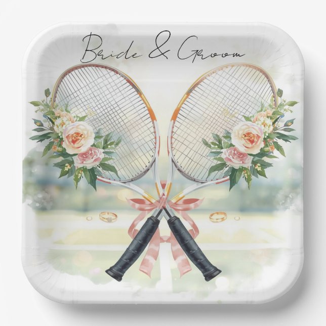 Tennis Wedding Racket with Flower Bride & Groom Paper Plates (Front)