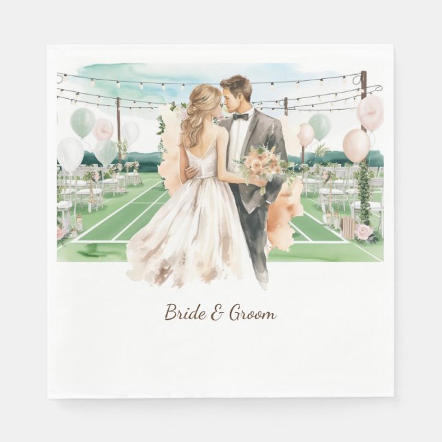 Tennis Wedding themed  Bride and groom on Court Napkins (Front)