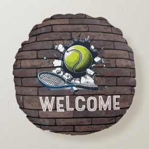 Tennis Welcome tennis player ball cracking wall  Round Pillow