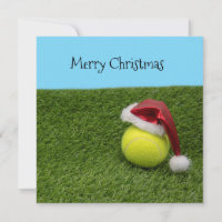 Tennis with Merry Christmas Santa hat on green Holiday Card