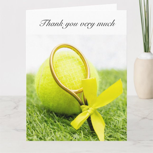 Tennis with racket and balls on green grass thank you card (Front)