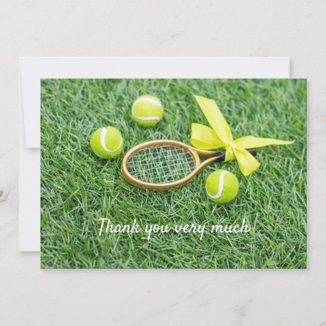 Tennis with racket and balls on green grass thank you card (Front)