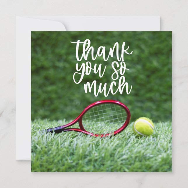 Tennis with racket and balls on green grass thank you card (Front)
