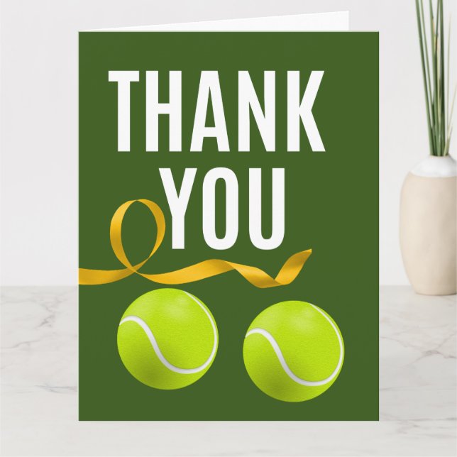 Tennis with racket and balls on green grass thank  you card (Front)