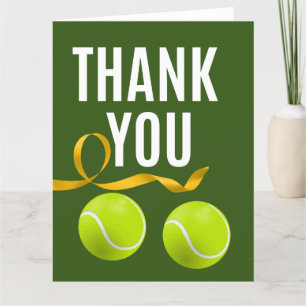 Tennis with racket and balls on green grass thank  you card