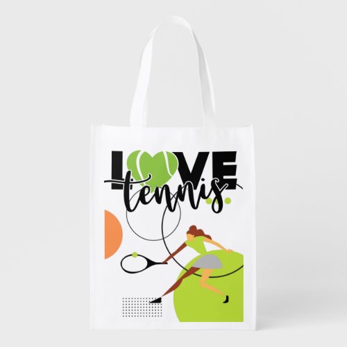 Tennis Woman in green LOVE Tennis Grocery Bag