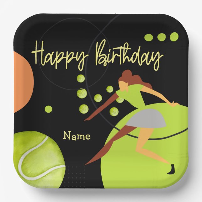 Tennis woman is playing Happy Birthday on yellow Paper Plates (Front)