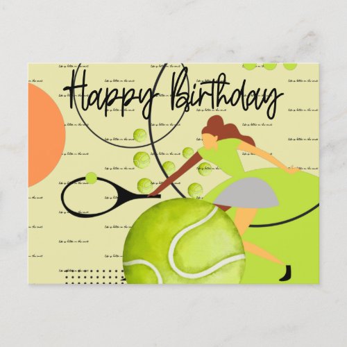 Tennis woman is playing Happy Birthday on yellow Postcard