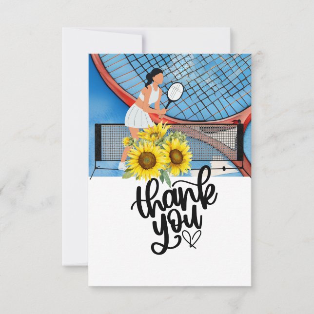 Tennis woman player at the court thank you card (Front)