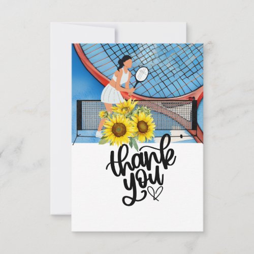 Tennis woman player at the court thank you card