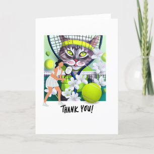 Tennis Woman Player holds racket and ball Thank You Card