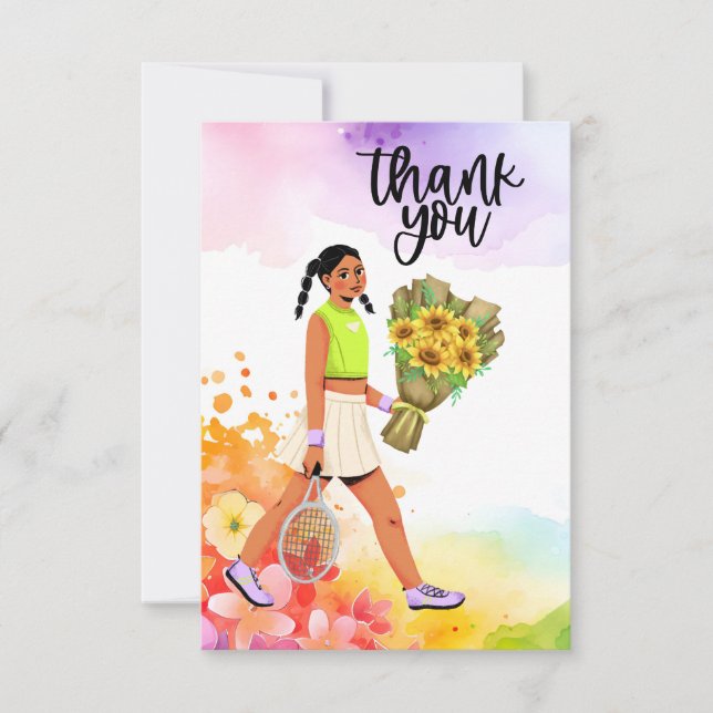 Tennis  woman player with flowers thank you card (Front)