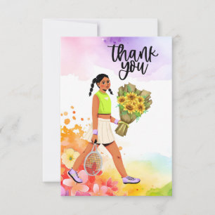 Tennis  woman player with flowers thank you card