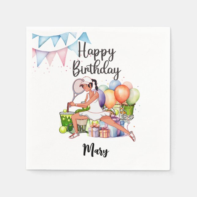 Tennis Woman Player with Happy Birthday word  Napkins (Front)