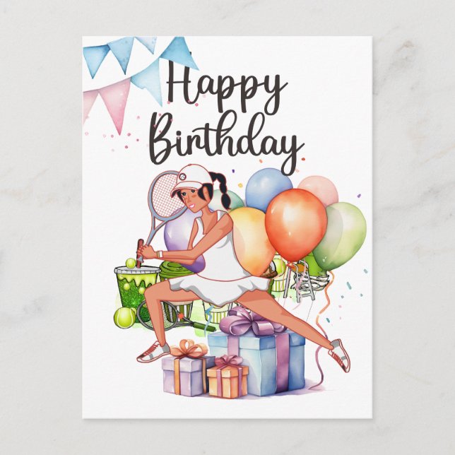 Tennis Woman Player with Happy Birthday word  Postcard (Front)