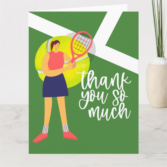 Tennis  woman player with thank you word card (Front)