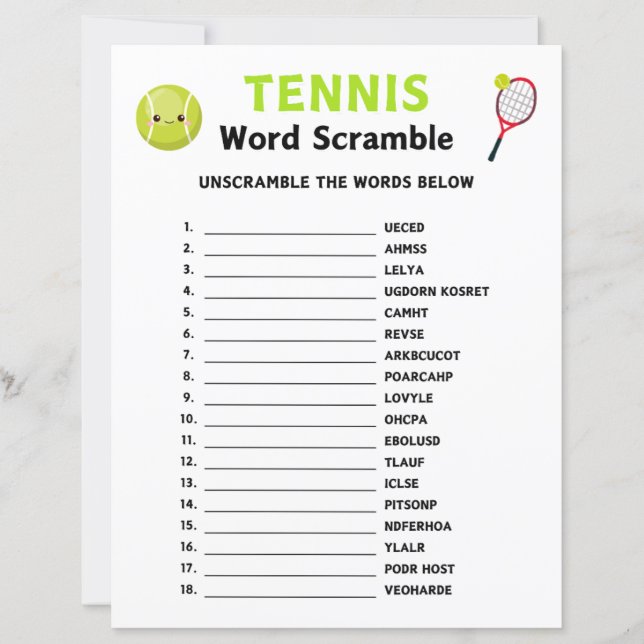 Tennis Word Scramble Game (Front)