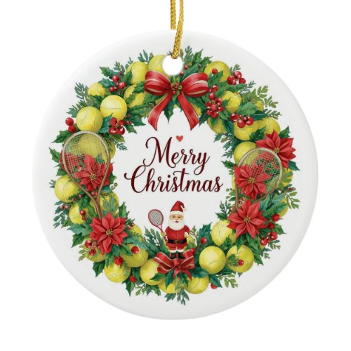 Tennis Wreath for Christmas with Santa Claus Ceramic Ornament